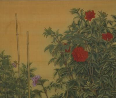 Kawabe Kasho Circa 1920 Taisho era Japanese Nihonga Screen Dahlias Cockscomb 