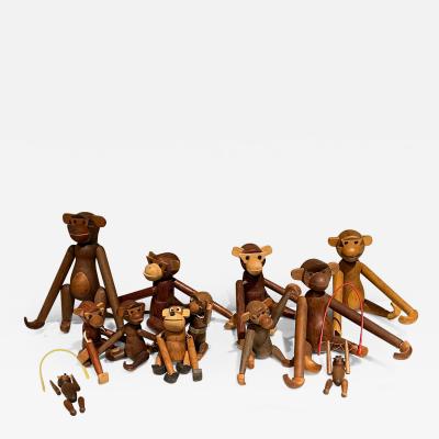 Kay Bojesen 1960s Set of 12 Wood Toy MONKEYS Danish Kay Bojesen Era Jointed Teak Oak