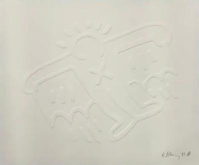 Keith Haring Keith Haring White Icon Flying Devil Embossed Screen print Hand Signed 1989