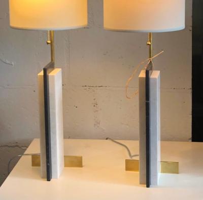 Keith W Gregor Pair of Modern Craftsman Table Lamps in Marble and Brass