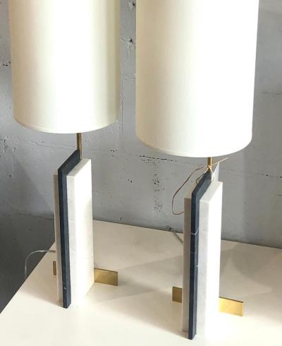 Keith W Gregor Pair of Modern Craftsman Table Lamps in Marble and Brass