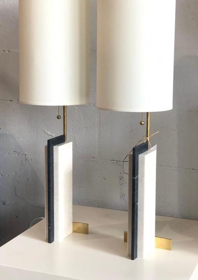 Keith W Gregor Pair of Modern Craftsman Table Lamps in Marble and Brass