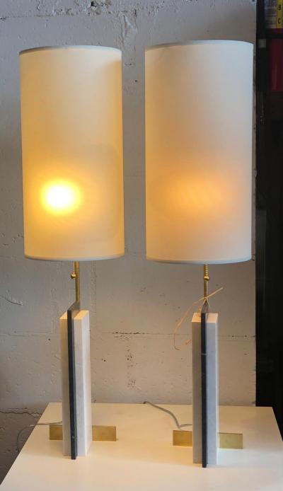 Keith W Gregor Pair of Modern Craftsman Table Lamps in Marble and Brass