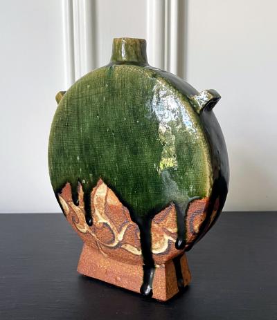 Ken Matsuzaki Modern Japanese Studio Pottery Oribe Moon Flask Vase by Ken Matsuzaki