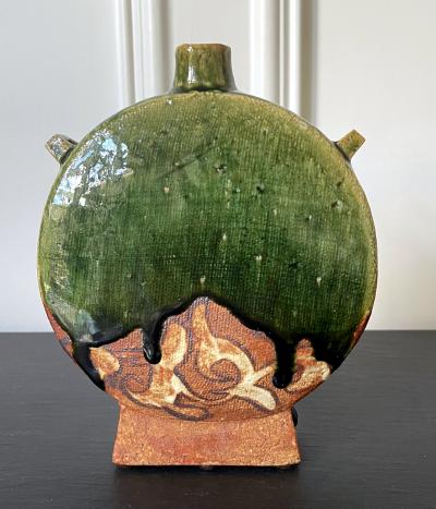 Ken Matsuzaki Modern Japanese Studio Pottery Oribe Moon Flask Vase by Ken Matsuzaki