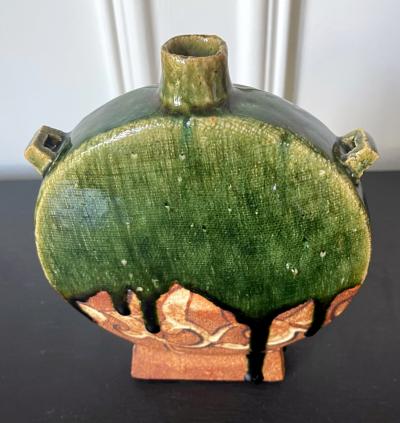 Ken Matsuzaki Modern Japanese Studio Pottery Oribe Moon Flask Vase by Ken Matsuzaki