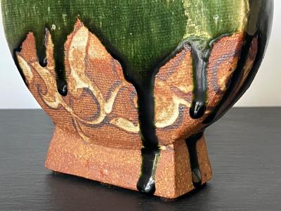 Ken Matsuzaki Modern Japanese Studio Pottery Oribe Moon Flask Vase by Ken Matsuzaki