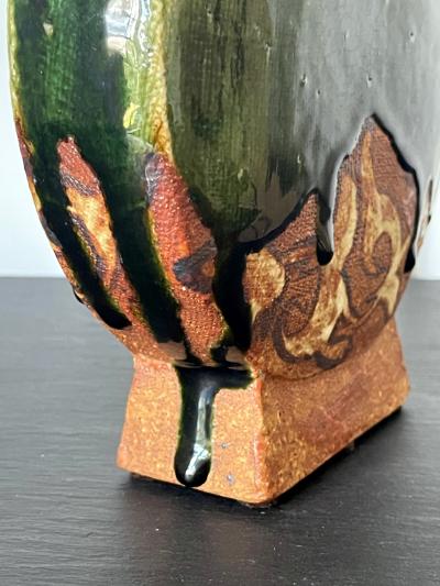 Ken Matsuzaki Modern Japanese Studio Pottery Oribe Moon Flask Vase by Ken Matsuzaki