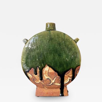 Ken Matsuzaki Modern Japanese Studio Pottery Oribe Moon Flask Vase by Ken Matsuzaki