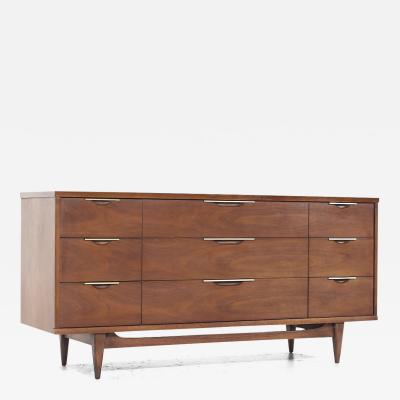 Kent Coffey Kent Coffey Tableau Mid Century Walnut and Brass 9 Drawer Lowboy Dresser