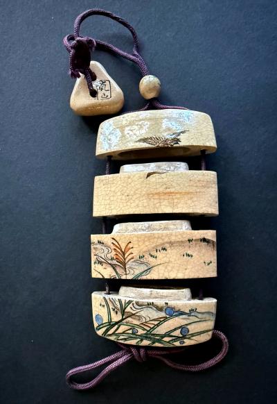 Kenzan Ogata Rare Japanese Ceramic Glazed Inro with Ojime and Netsuke Ogata Kenzan Edo Period