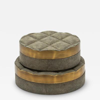 Kifu Augousti Set of 2 Quilted Boxes in Grey Shagreen with Bronze Patina Brass by Kifu Paris