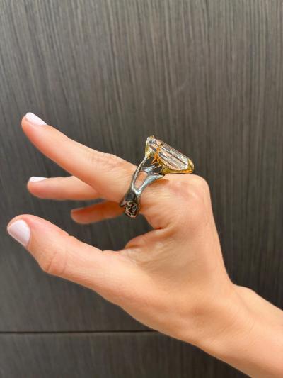 Kika Alvarenga Faceted Rock Crystal Quartz Oxidized Silver Gold Tiger Ring Kika Alvarenga 2024