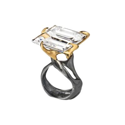 Kika Alvarenga Faceted Rock Crystal Quartz Oxidized Silver Gold Tiger Ring Kika Alvarenga 2024