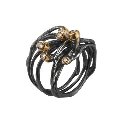 Kika Alvarenga Kika Alvarenga Cognac Diamond Oxidized Silver Yellow Gold Era III Ring
