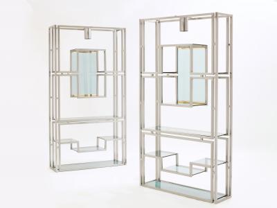 Kim Moltzer Pair of Kim Moltzer brushed steel brass green lucite shelving units 1970s
