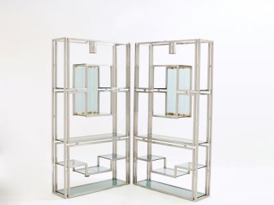 Kim Moltzer Pair of Kim Moltzer brushed steel brass green lucite shelving units 1970s