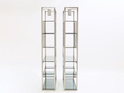 Kim Moltzer Pair of Kim Moltzer brushed steel brass green lucite shelving units 1970s