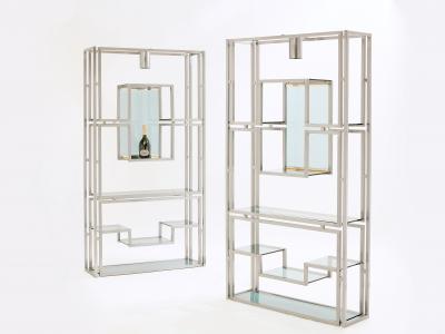 Kim Moltzer Pair of Kim Moltzer brushed steel brass green lucite shelving units 1970s