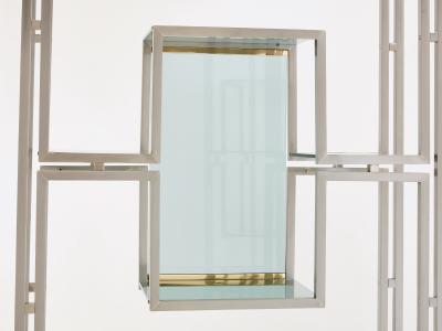 Kim Moltzer Pair of Kim Moltzer brushed steel brass green lucite shelving units 1970s