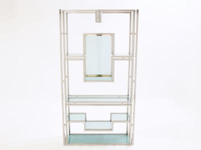 Kim Moltzer Pair of Kim Moltzer brushed steel brass green lucite shelving units 1970s