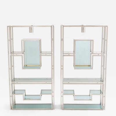 Kim Moltzer Pair of Kim Moltzer brushed steel brass green lucite shelving units 1970s