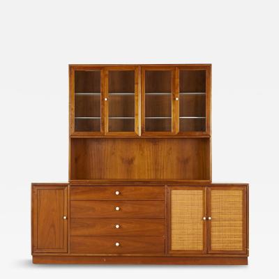 Kipp Stewart Kipp Stewart for Drexel Mid Century Walnut and Cane Front Buffet and Hutch