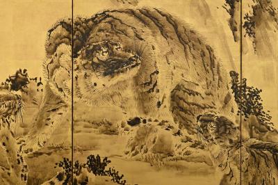 Kishi Renzan Japanese Screen Pair Tigers by Kishi Renzan Late Edo Period 
