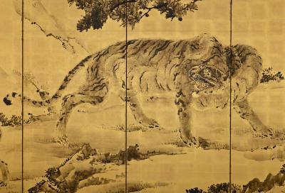 Kishi Renzan Japanese Screen Pair Tigers by Kishi Renzan Late Edo Period 
