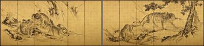 Kishi Renzan Japanese Screen Pair Tigers by Kishi Renzan Late Edo Period 