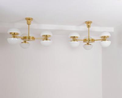 Klaus Michalik Pair of Nordic Modern Chandeliers Brass Glass Klaus Michalik Orno 1980s