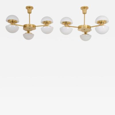 Klaus Michalik Pair of Nordic Modern Chandeliers Brass Glass Klaus Michalik Orno 1980s