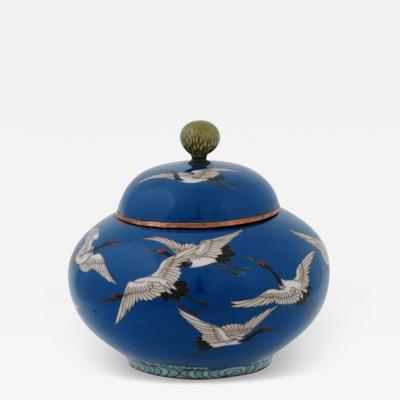 Kodenji Hayashi Meiji Japanese Cloisonne Enamel Flying Cranes Covered Jar