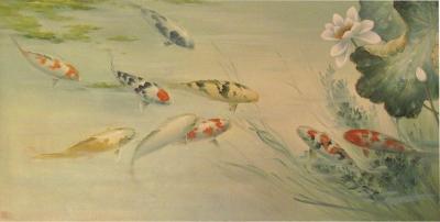 Koi Carp Oil Painting Signed Canvas on Board