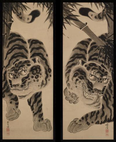 Kokuho Shimei 19th Century Japanese Tiger Painting Pair by Kokuho Shimei 1789 1859 
