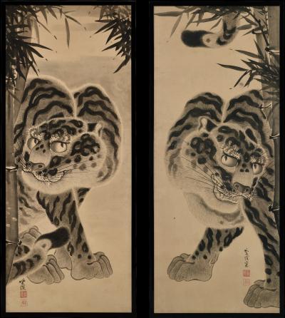 Kokuho Shimei 19th Century Japanese Tiger Painting Pair by Kokuho Shimei 1789 1859 