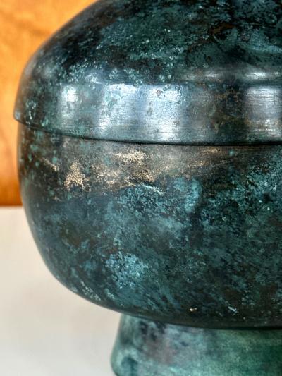 Korean Antique Bronze Footed Vessel with Lid Early Joseon Dynasty