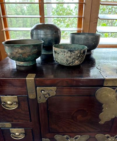 Korean Antique Bronze Footed Vessel with Lid Early Joseon Dynasty