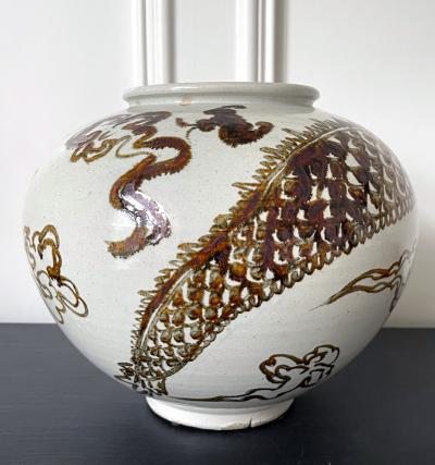 Korean Ceramic Moon Jar with Dragon Joseon Dynasty