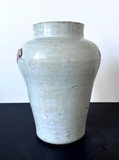Korean Ceramic White Jar with Red Cloud Motif Joseon Dynasty