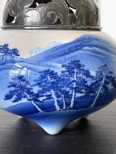 Kozan Makuzu Japanese Glazed Ceramic and Silver Koro Incense Burner Makuzu Kozan