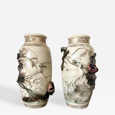 Kozan Makuzu Rare Pair of Early Period Makuzu Kozan Takauki High relief Vases