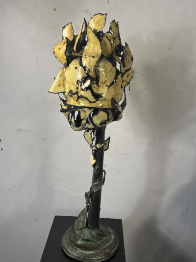 Kurt Seligmann BRUTALIST YELLOW ENAMELED METAL SURREALIST FLOWER HEAD SCULPTURE