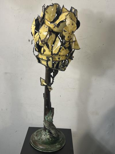 Kurt Seligmann BRUTALIST YELLOW ENAMELED METAL SURREALIST FLOWER HEAD SCULPTURE