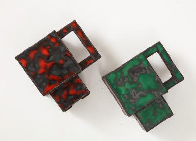 Kwangho Lee Pair of Red Green Enameled Copper Mugs by Kwengho Lee