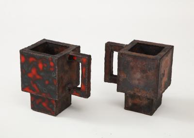 Kwangho Lee Pair of Red Green Enameled Copper Mugs by Kwengho Lee