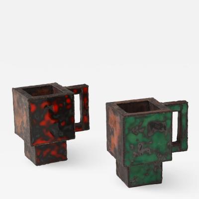 Kwangho Lee Pair of Red Green Enameled Copper Mugs by Kwengho Lee