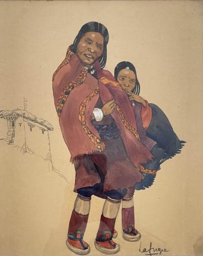 L a Lafugie Gouache of a Tibetan woman and child L a LAFUGIE 1890 1972 