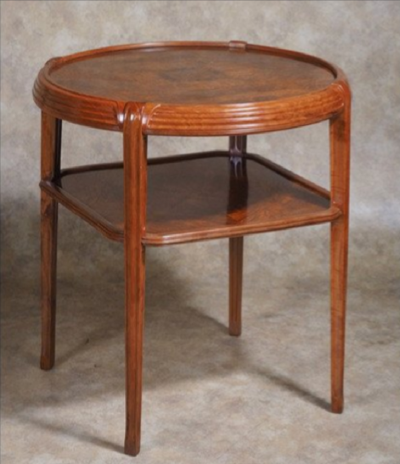 L on Jallot Leon Jallot tiered table in pearwood and camphor burl