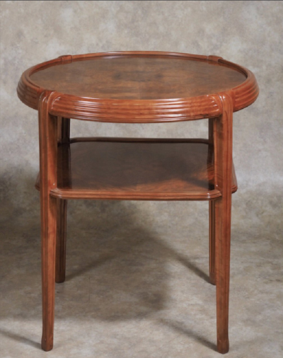 L on Jallot Leon Jallot tiered table in pearwood and camphor burl